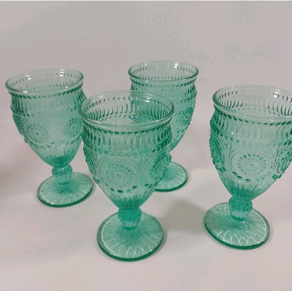 Pioneer Woman Turquoise Adeline 12 Ounce Stemmed Goblets Teal Glass Set of 4